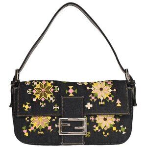 Fendi Navy Denim Beaded Baguette Handbag 135247